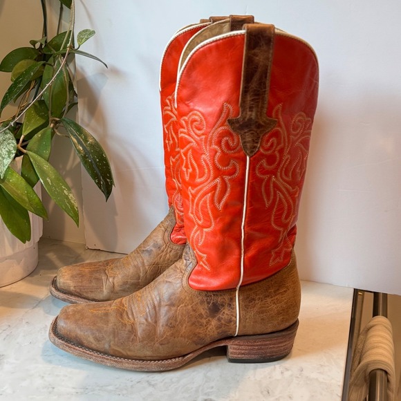 J.B. Dillon Cowboy Western Boots Womens 10 B USA Made Red Tan Leather Square Toe - Picture 3 of 9